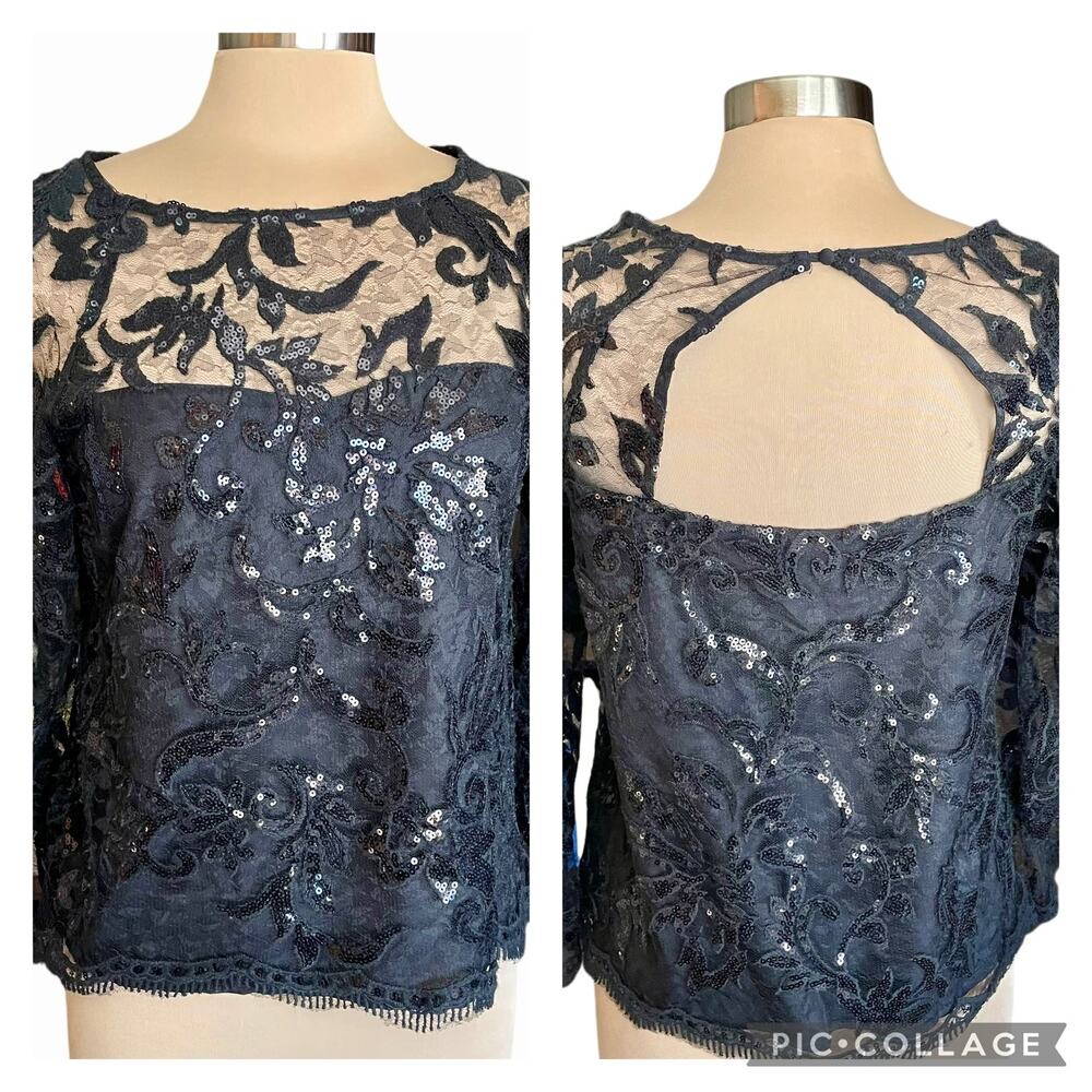 Cupcakes & Cashmere Black Sequined Lace Top Womens MED Whimsigoth Evening Glam